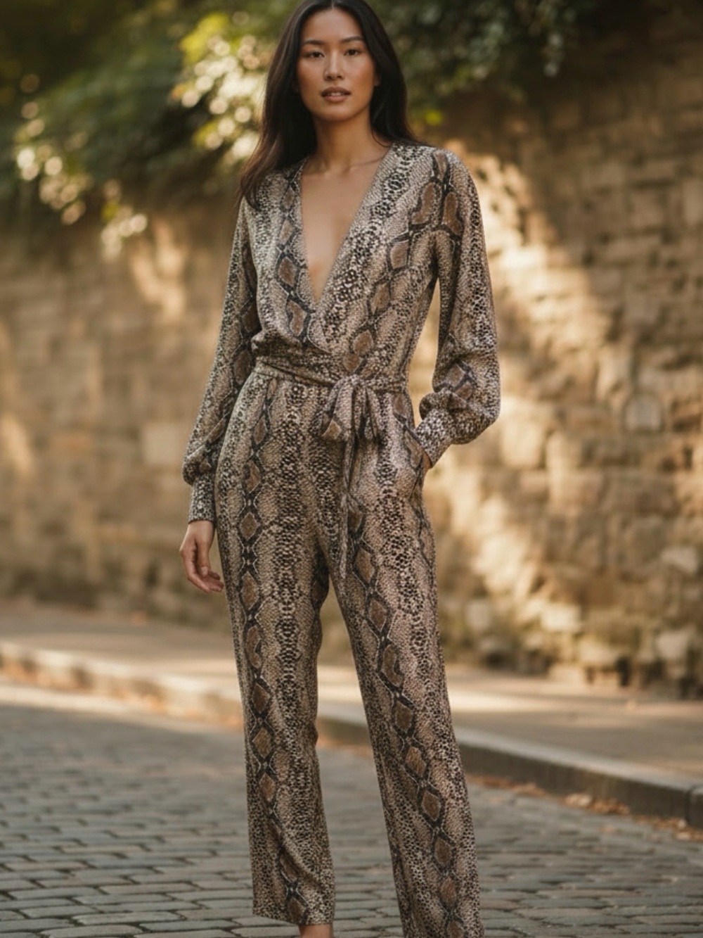 bebe Snake-Print Wrap Jumpsuit in Brown and Black